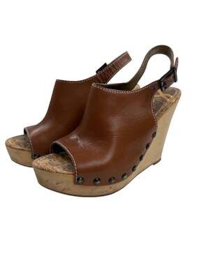 Sam Edelman Camilla Brown Leather Wooden Platform Wedge Slingback Sandals 7.5